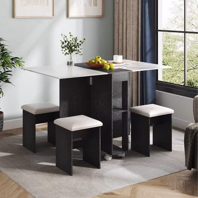 Komore Modern Black Rectangular Folding Dining Table and Chair Set with Drop Leaf and Storage Rack