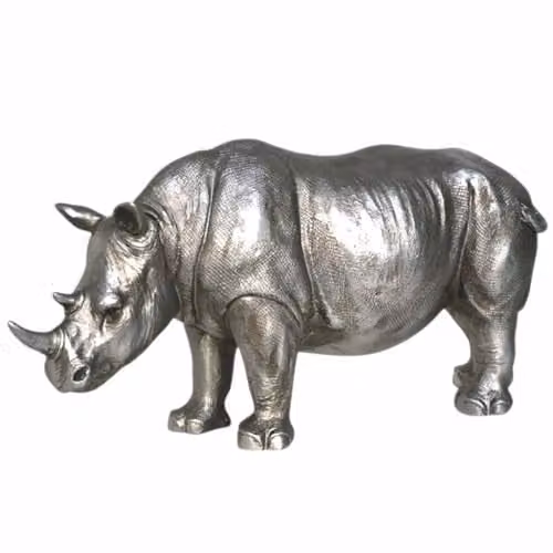 Animal Crackers Rhino Figurine in Silver Metal, Modern Tabletop Decor, Length: 26.5 cm – 1