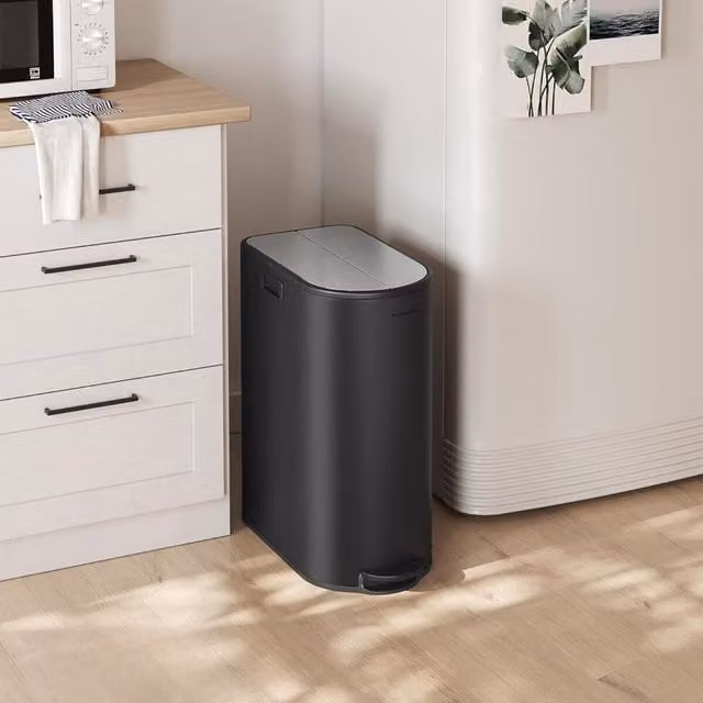The Bazaarist Dual Compartment Recycling Pedal Bin with Removable Inner Buckets, 50L Capacity, Black and Metallic Silver