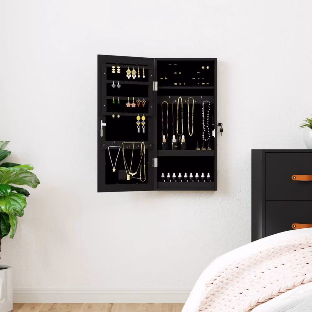Berkfield Home Mirror Jewellery Cabinet with LED Lights, Wall Mounted, Black Matt – 2