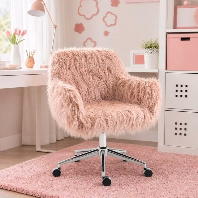 STILVORA Pink Faux Fur Swivel Task Chair with Adjustable Height, Armrests and Castors, W/D/H: 60 x 60 x 120 cm