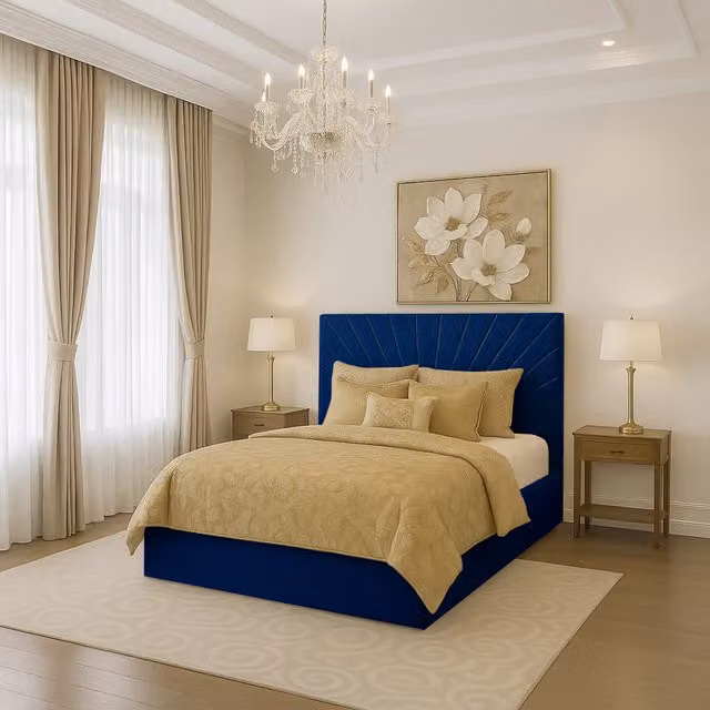 Desire Deco Sunrise Upholstered Velvet Bed Frame in Blue, W/D/H: 180 x 200 cm