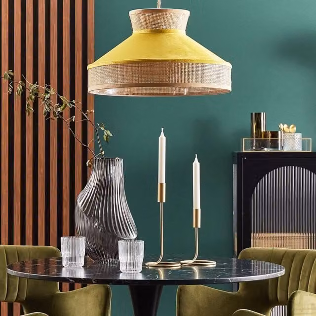 Wyld and Coco Boho Rattan Pendant Lamp with Yellow Fabric Shade – 1