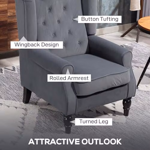 HOMCOM Grey Velvet Wingback Accent Chair with High Back and Armrests, H 86 cm x W 74 cm x D 102 cm – 3