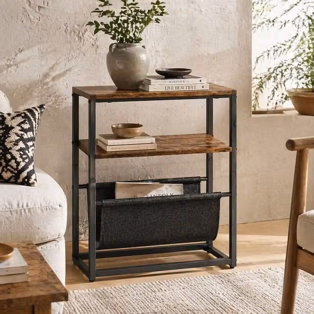 Wyld Haus Sanami Industrial 3 Tier Narrow Side Table with Magazine Slot in Brown and Black
