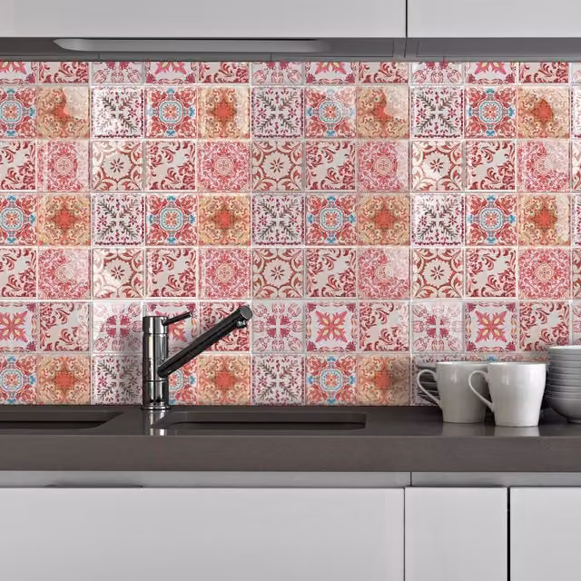 WALPLUS Red and Multicolour 3D Floral Mediterranean Tile Stickers with Adhesive Tile Look