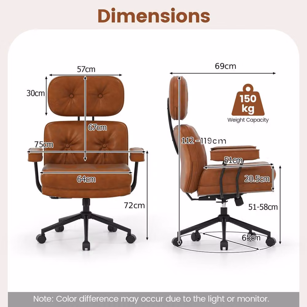Gymax Brown Synthetic Leather Upholstered Office Chair with Tufted Seat, Headrest and Swivel Castors – 9