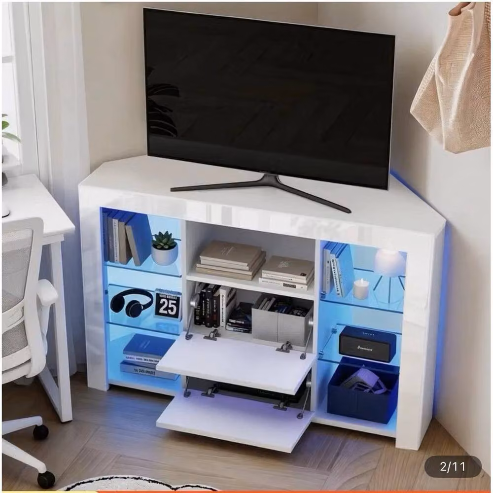 FORGEVIO Modern Corner TV Unit Stand with Integrated LED Lighting in White – 2