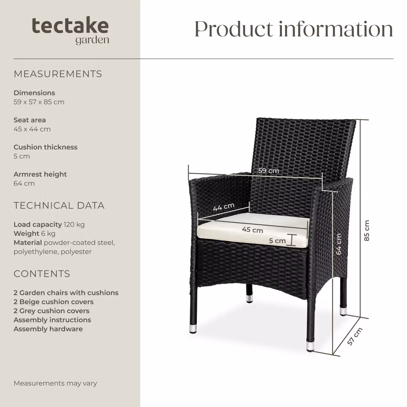 tectake Nantes Set of 2 Modern Rattan Garden Chairs in Black and Beige – 7