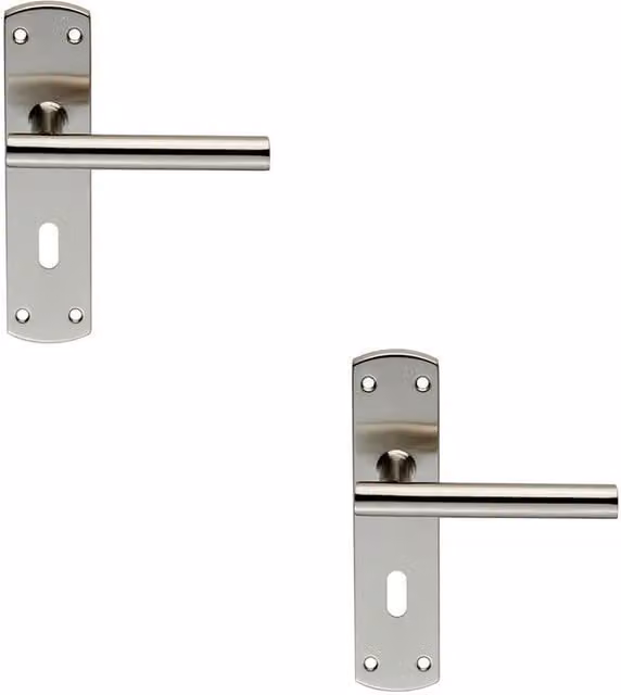 Loops 2x Mitred T Bar Lever Door Handle with Lock Backplate, Satin Steel, Silver, W: 17.2 cm, H: 4.4 cm