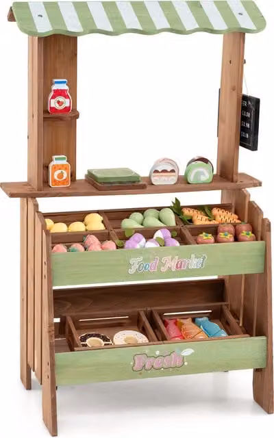 COSTWAY Wooden Kids Grocery Store Playset in Brown