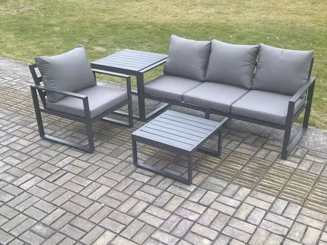 Fimous Modern Aluminium Outdoor Garden Furniture Set in Dark Grey with 3-Seater Sofa, Armchairs, Coffee Table and Side Table