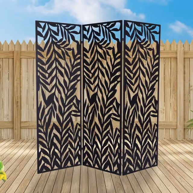 Ornate Collection Black Metal Willow Leaf Pattern Freestanding Folding Screen Paravent