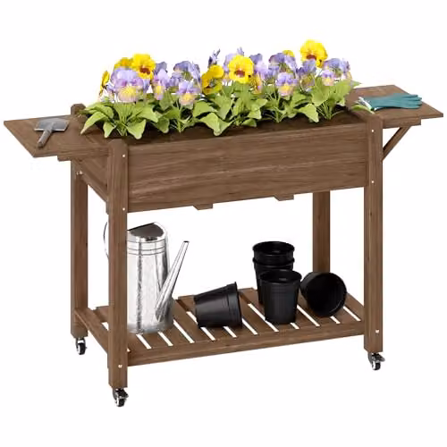 Outsunny Carbonised Wooden Raised Garden Bed with Lockable Wheels in Brown