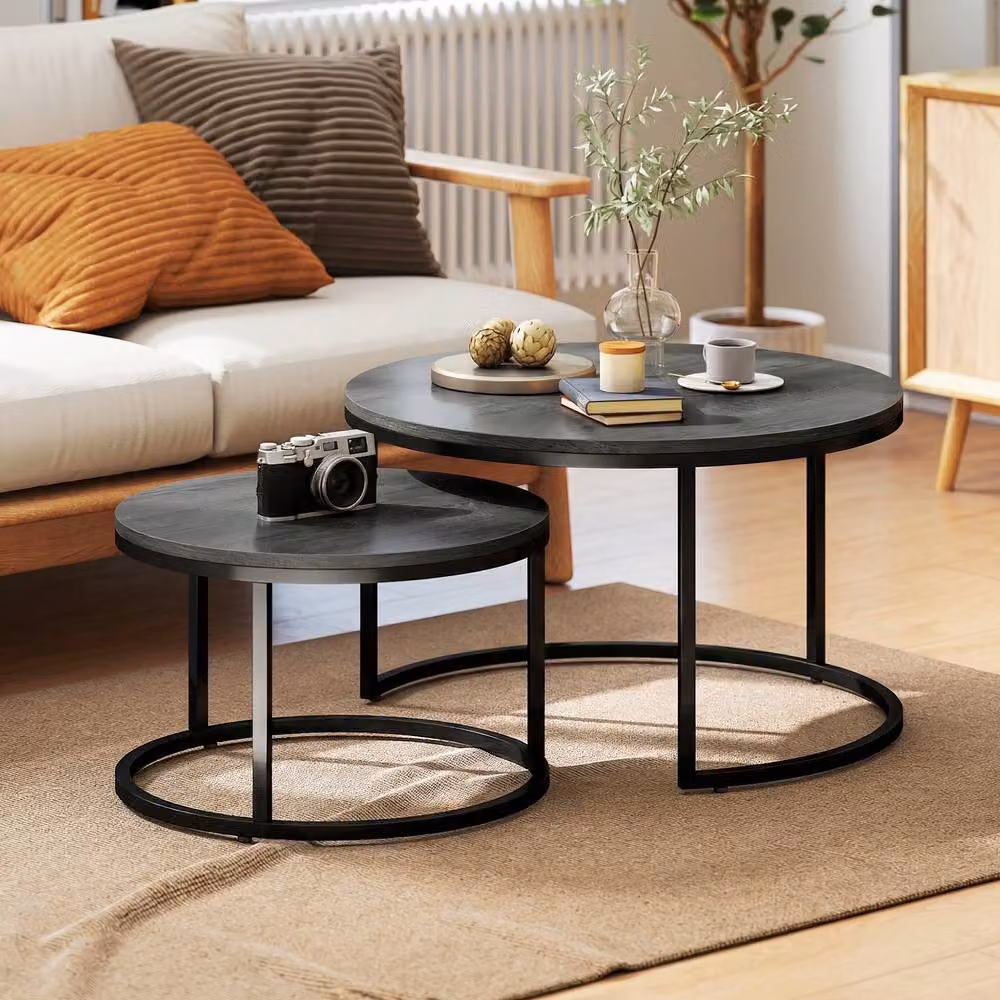 STILVORA Set of 2 Round Nesting Coffee Tables with Black Steel Frame and MDF Tops – 3