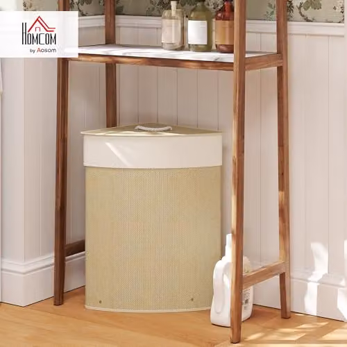 HOMCOM Bamboo Laundry Basket with Lid and Removable Fabric Liner Bag, 55L, Brown and Beige – 2