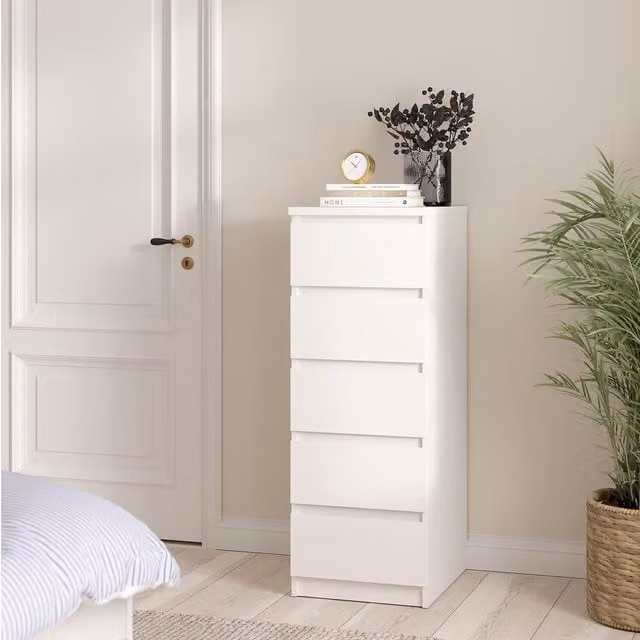 Furniture To Go Naia Narrow Chest of 5 Drawers in White