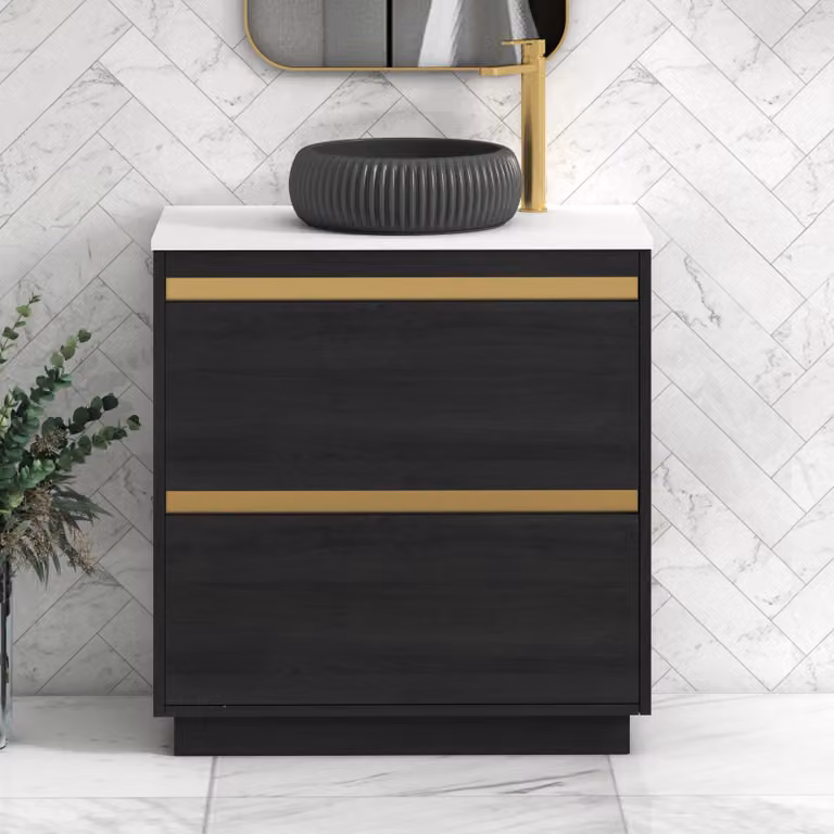 Royal Bathrooms Orion 800mm Hale Floor Standing Vanity Unit with Milan Black Basin and Brushed Brass Trim, White and Black