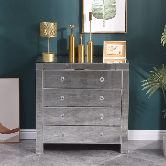 HMD Modern Glossy Mirror Top Chest of Drawers in Silver and Grey