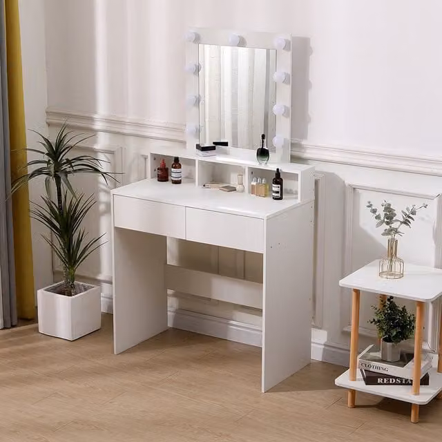 Komore Hollywood LED Dressing Table with Illuminated Rectangular Mirror and Two Drawers in White