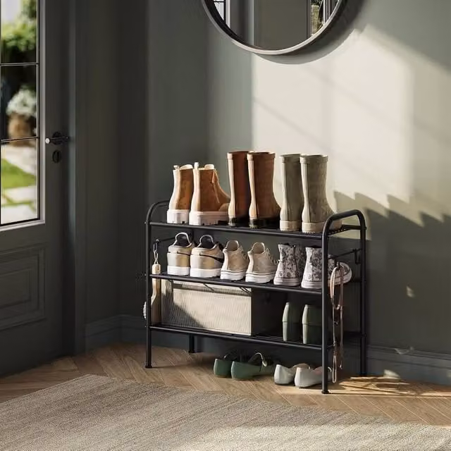 The Bazaarist 3 Tier Adjustable Metal Shoe Rack with Hooks in Matt Black – 1