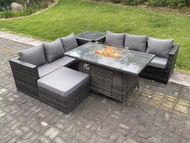 Fimous 7 Seater Rattan Gas Fire Pit Dining Table Set with Footstool in Dark Grey