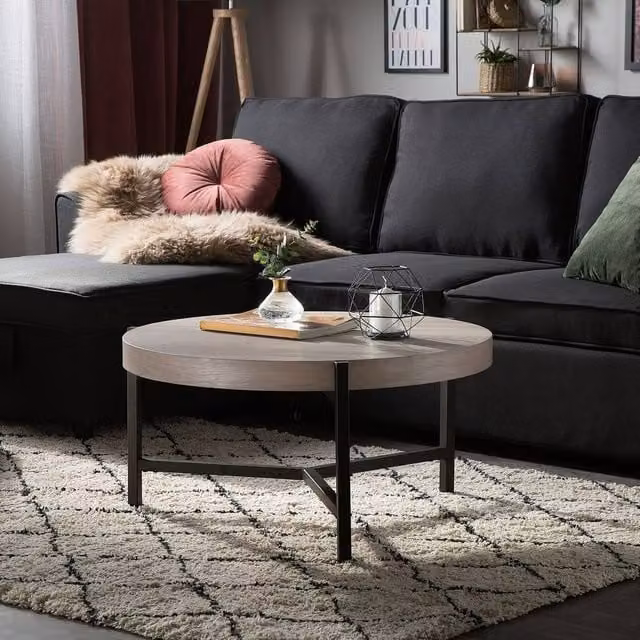 Wyld and Coco Round Coffee Table with Taupe Wood-Look MDF Top and Black Metal Legs, Diameter: 70 cm, Height: 42 cm – 1