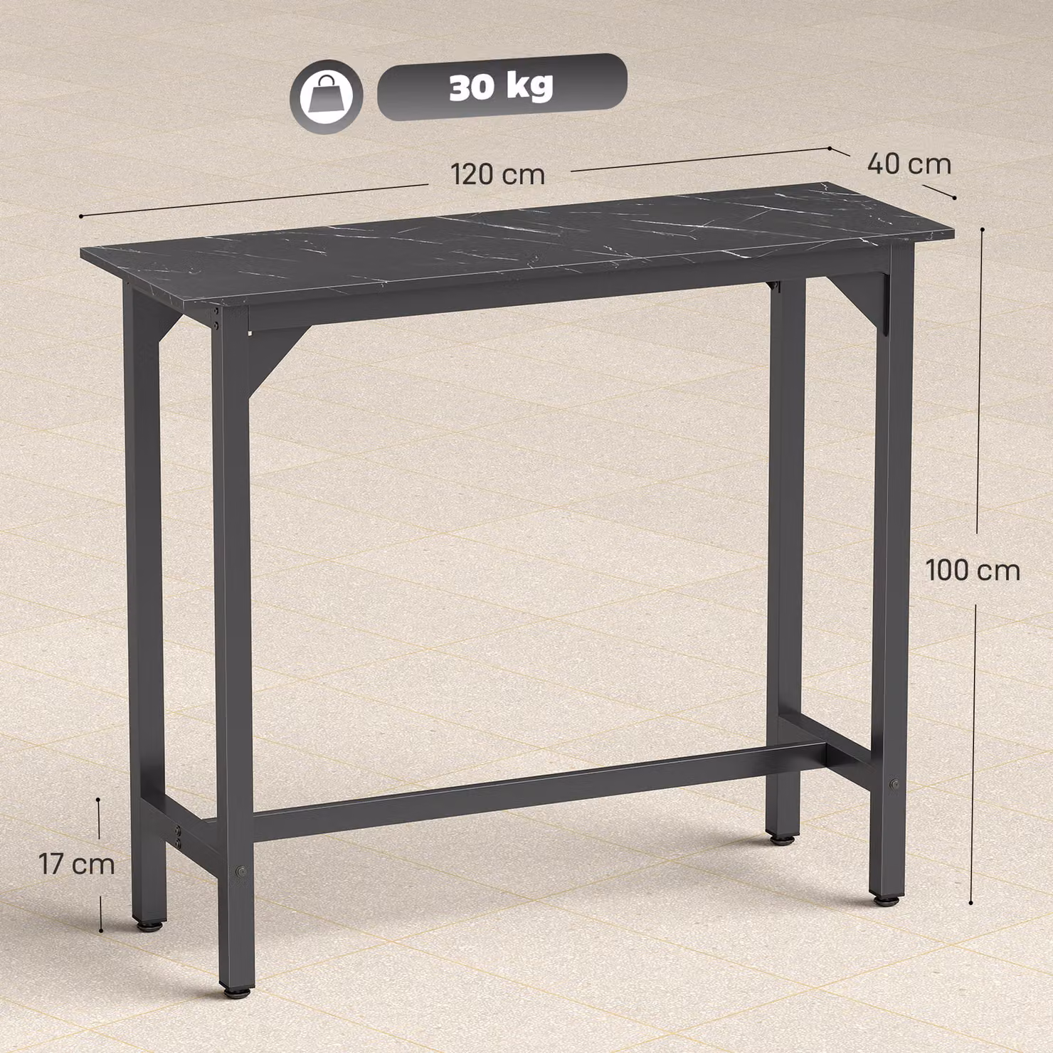 HOMCOM Rectangular Bar Table with Black Marble Effect and Metal Legs for Kitchen or Dining Room – 3