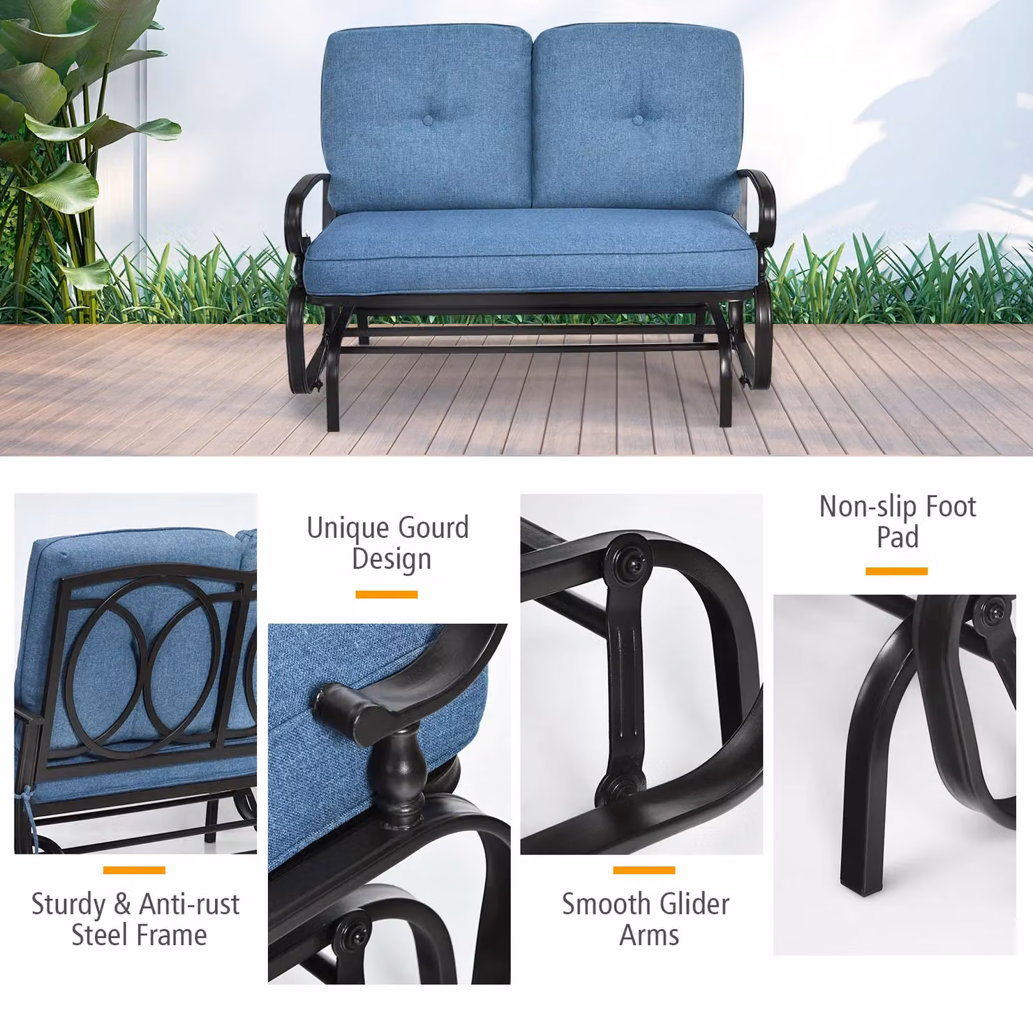 Gymax 2-Seater Outdoor Swing Glider Chair with Cushions in Blue – 4