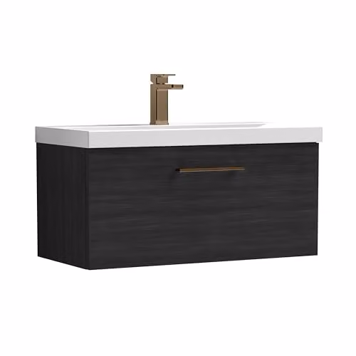 Balterley Modern Wall Mounted Single Drawer Bathroom Vanity Unit in Matt Black with Bronze Handle, W/D/H: 80.0 x 39.0 x 39.9 cm – 7