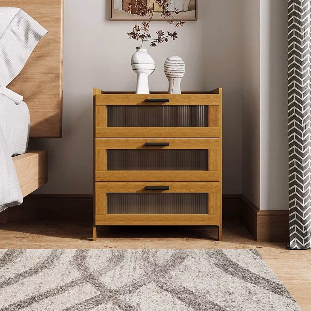 EONLION Brown Wooden Bedroom Bedside Cabinet with 3 Drawers and Clear Door, Height: 100 cm, Width: 50 cm, Depth: 40 cm – 4