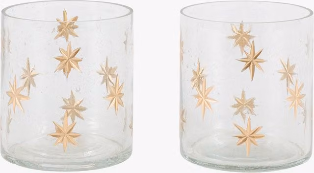 Perch & Parrow Winter Frost Snowflake Glass Pillar Candle Holders, Pack of 2, Transparent