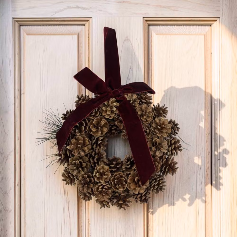 Four Candle Brown Pinecone Christmas Wreath with Bow, Diameter: 30 cm – 2