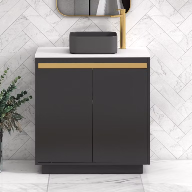 Royal Bathrooms Orion 800mm Matt Obsidian Black Floor Standing 2 Door Vanity Unit with White Art Square Basin and Brushed Brass Accent Trim