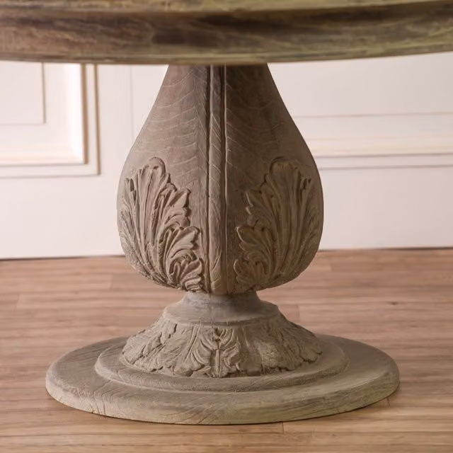 Glasstone Rustic Washed Round Wood Dining Table in Brown, Diameter: 150 cm, Height: 76.5 cm
