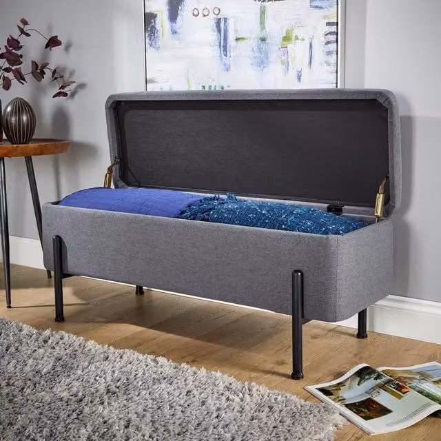 Home Source Bouclé and Velvet Storage Ottoman Seat with Metal Legs in Dark Grey – 1