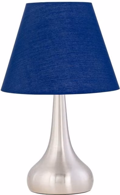 First Choice Lighting Romana Touch Operated Dimmable Table Lamp with Blue Fabric Shade in Brushed Chrome – 1