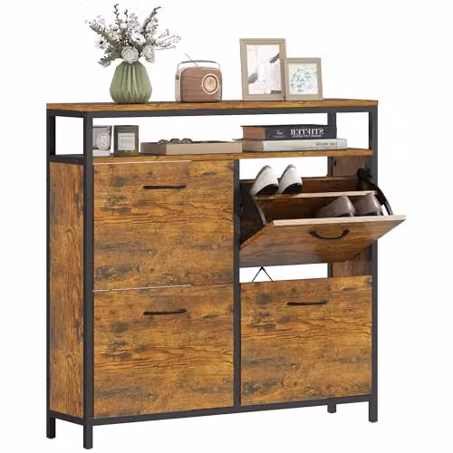 HOMCOM Industrial Shoe Cabinet with Tilting Compartments and Open Shelf, Brown and Black – 1