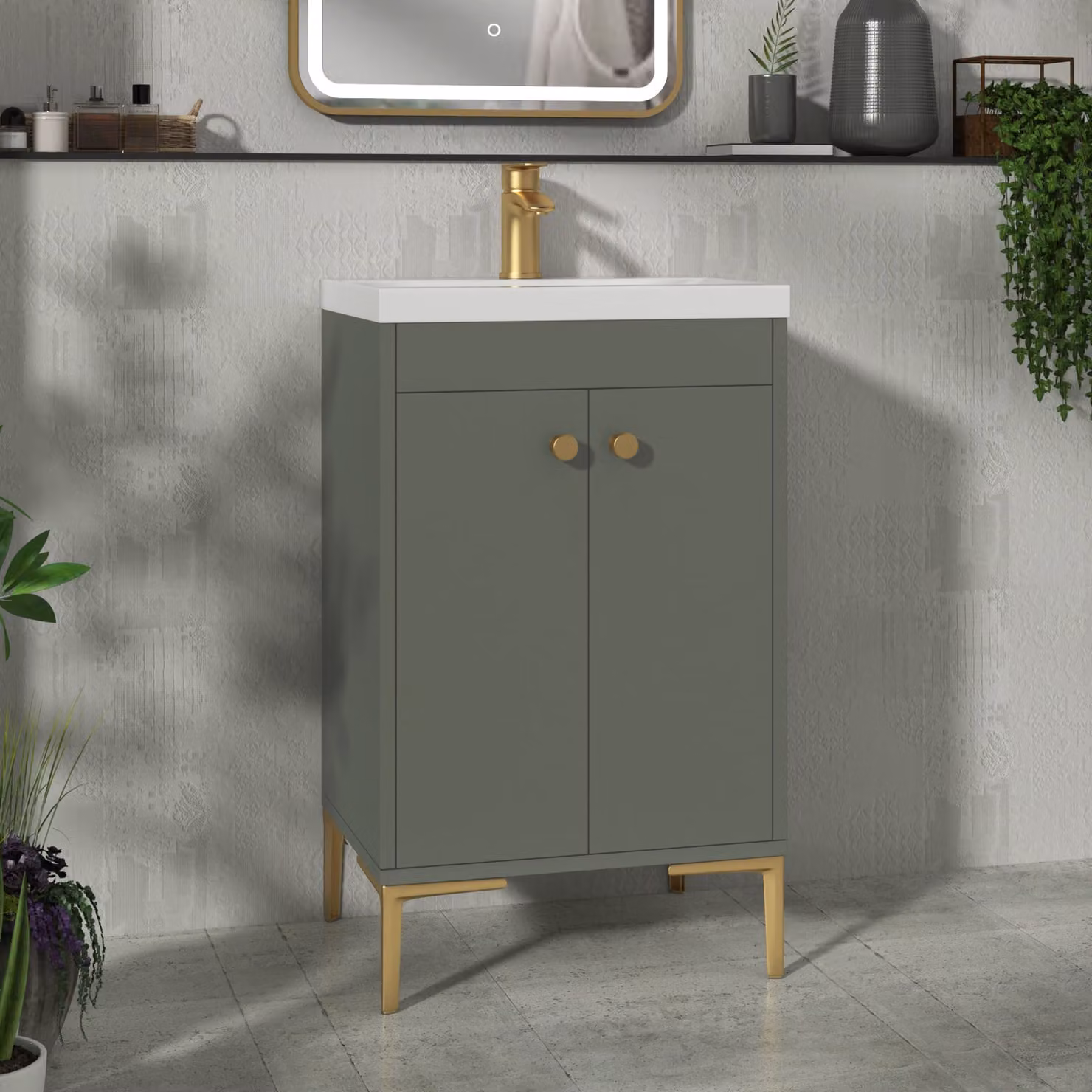 Royal Bathrooms Verona 500mm Matt Green Floor Standing 2 Door Vanity Unit with Mid-Edge Basin and Brushed Brass Knob