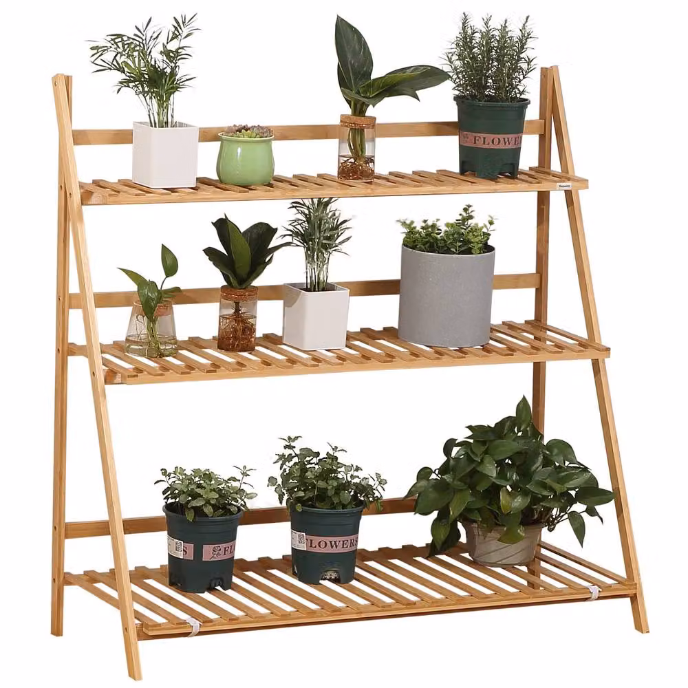 Outsunny 3-Tier Folding Bamboo Plant Stand, Brown/Beige Planter Display Shelf for Indoor and Outdoor Use, H 97 x W 100 x D 39 cm – 3