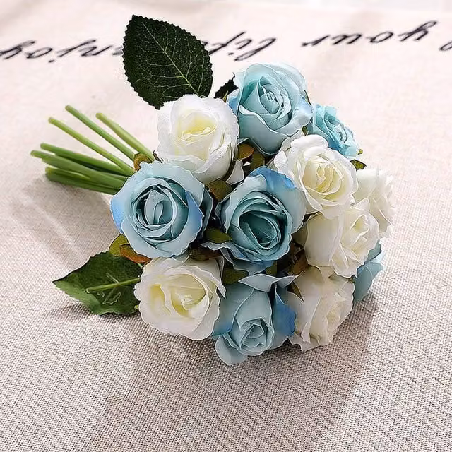 YnysTec 12 Head Artificial Silk Rose Wedding Bouquet in White, Height: 30 cm