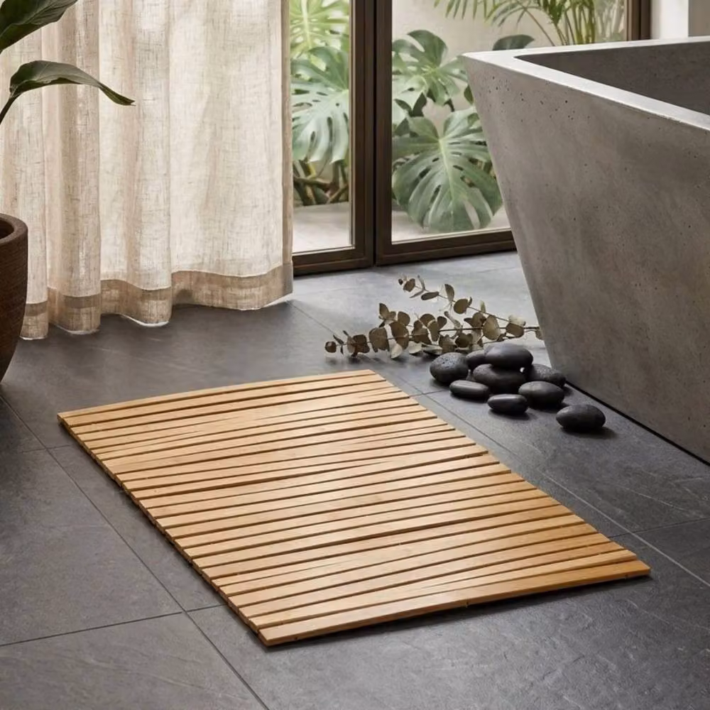 PAWNORA Non Slip Folding Bamboo Bath Mat in Natural Brown and Beige – 4