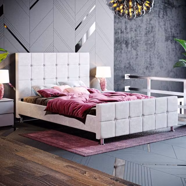 Vida Designs Valentina Modern Upholstered Velvet Fabric Bed in Grey, W/D/H: 140 x 200 cm