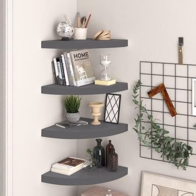 Berkfield Home Floating Corner Shelves, 4 Piece Set, High Gloss Grey, W/D/H: 35 x 35 x 3.8 cm