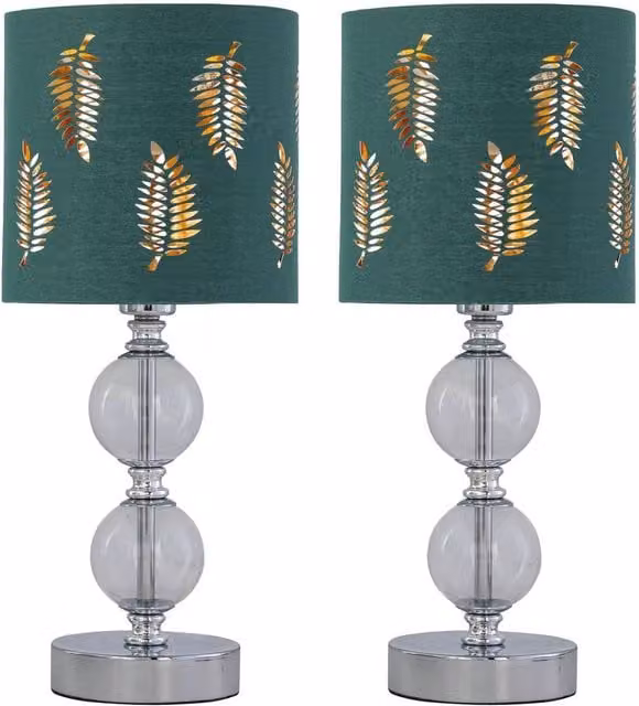 First Choice Lighting Set of 2 Chrome Two Ball Table Lamps with Green Fabric Fern Shades