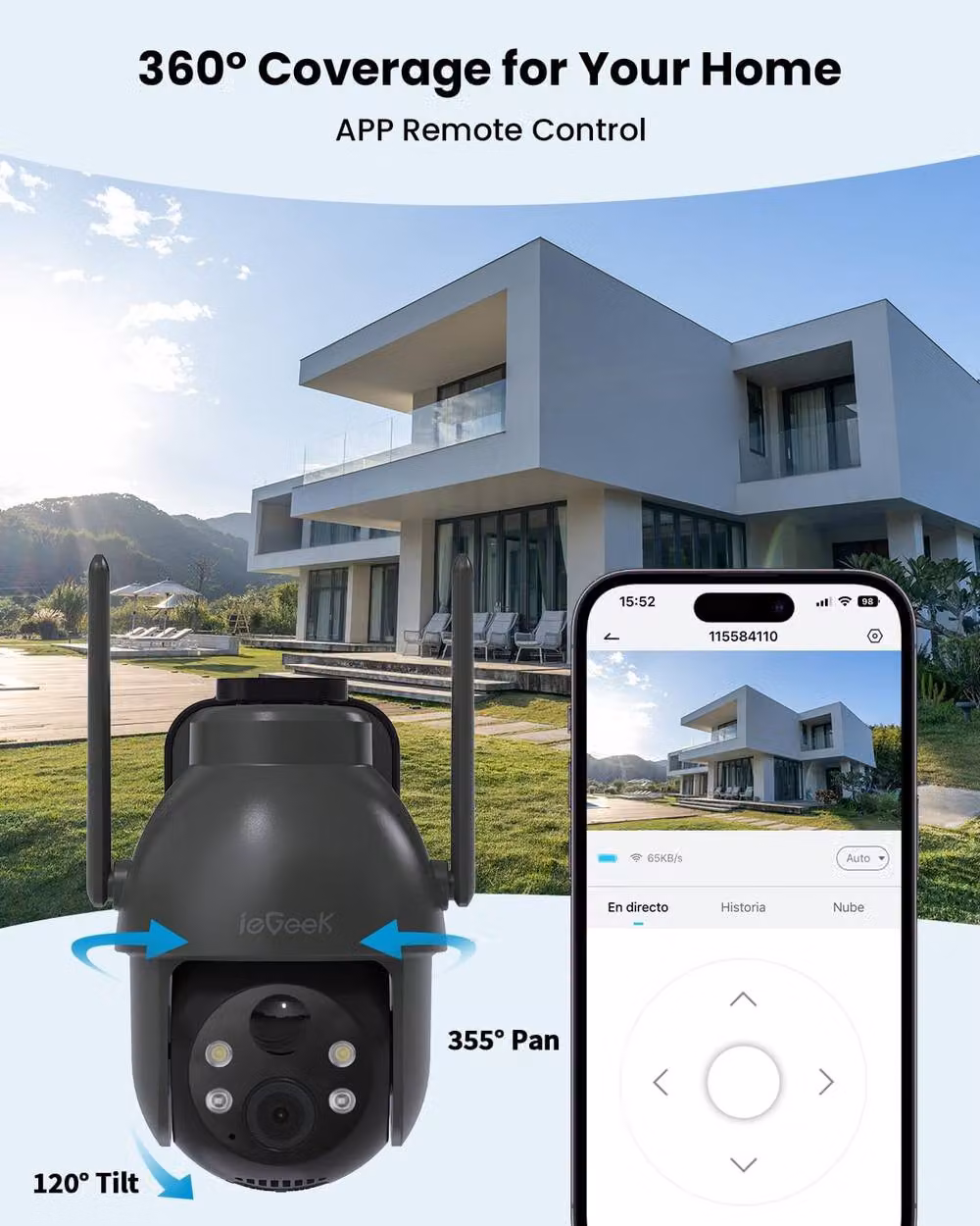 iegeek Black 2K 360° Solar Security Camera with Night Vision, PIR and 2-Way Audio – 3