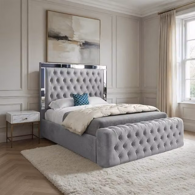 Casani Loweswater Mirror Upholstered Designer Bed Frame in Grey Silver Velvet, W/D/H: 120 x 200 cm