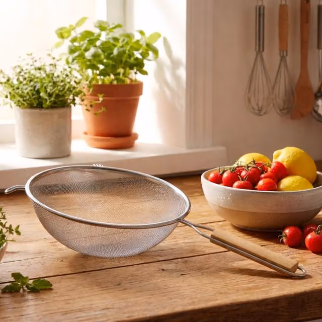 Zenigo Round Fine Mesh Stainless Steel Sieve with Natural Wood Handle in Silver and Brown