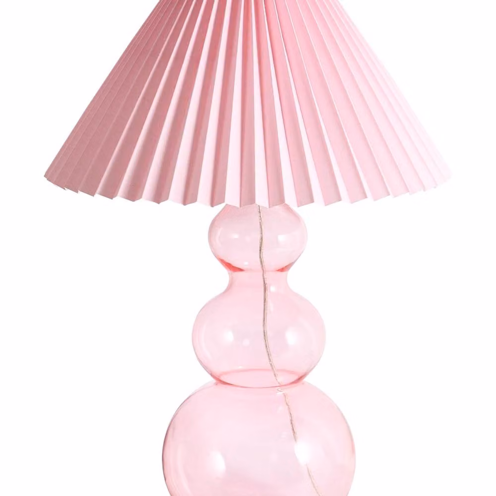 Wyld and Coco Modern Table Lamp with Pink Glass Base and White Fabric Shade – 2