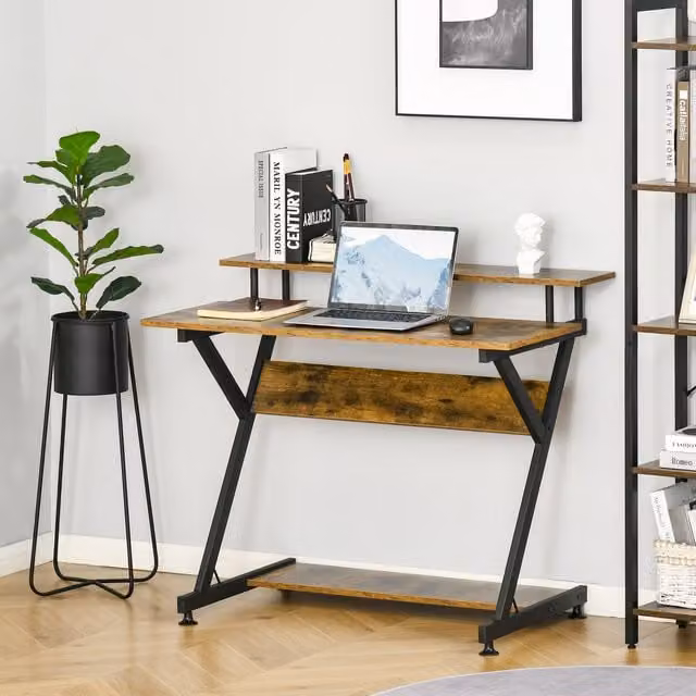 HOMCOM Industrial Computer Desk with Monitor Shelf and Storage in Brown